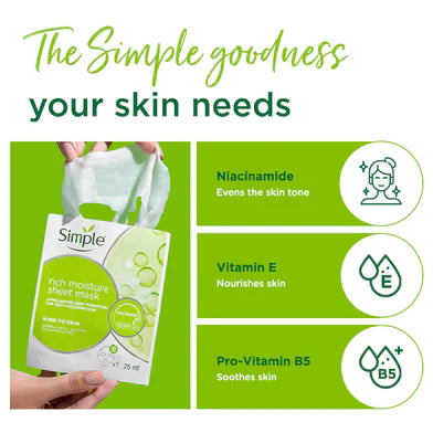 Simple Kind to Skin Rich Moisture Sheet Mask with Niacinamide| For all Skin Types| No Perfume| No Harsh Chemicals & No Alcohol| Tested on Sensitive Skin|| 25ml
